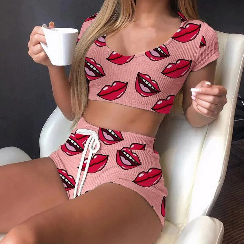 Summer Short Sexy Casual Lips Print Sleepwear