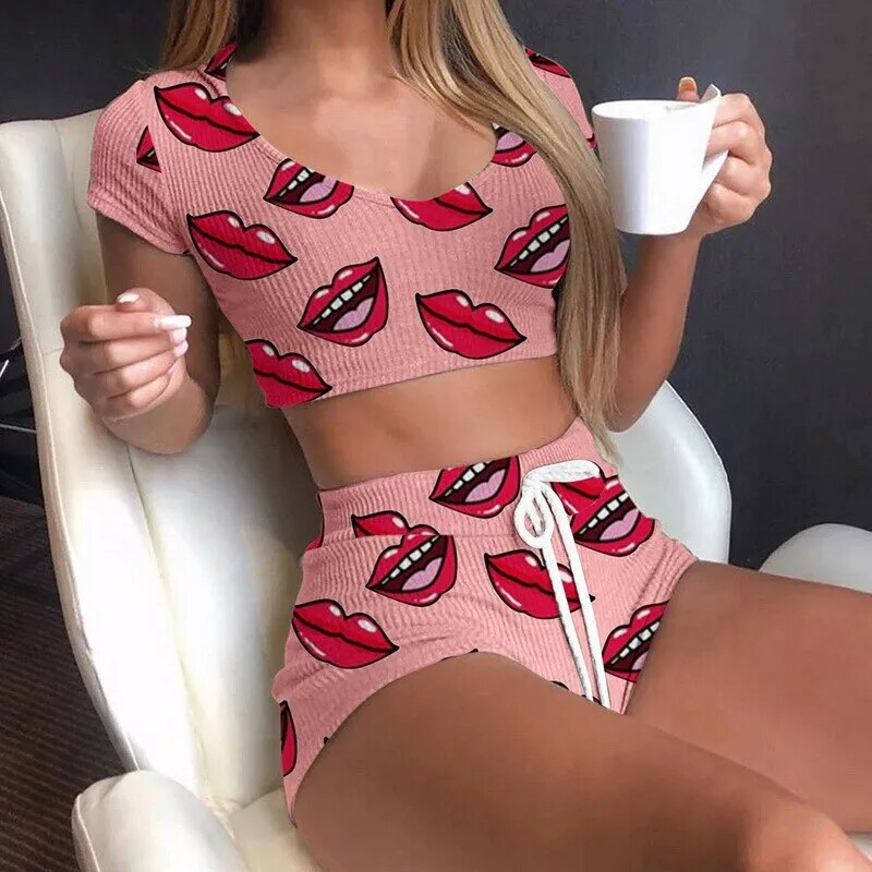 Summer Short Sexy Casual Lips Print Sleepwear